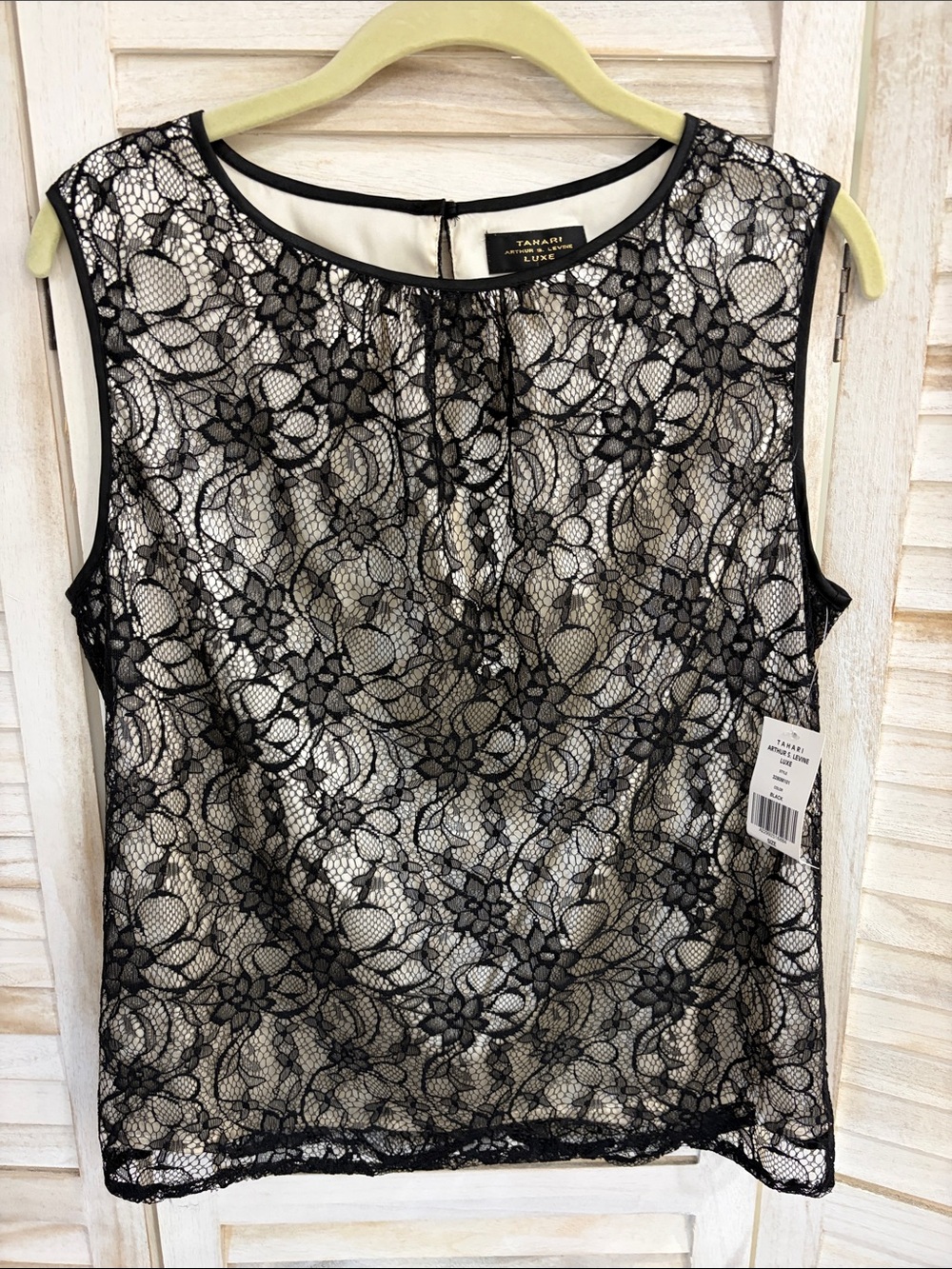 Tahari ASL Black Floral Lace Overlay Camisole with Cream Lining
